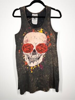 No Time 100% Cotton Skull With Roses Bleach Wash Artsy Mini Dress Tank Top M